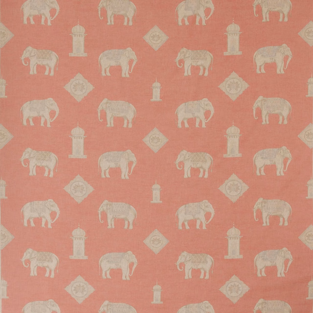Dusty coral-pink fabric with ivory elephants, towers and diamond medallions