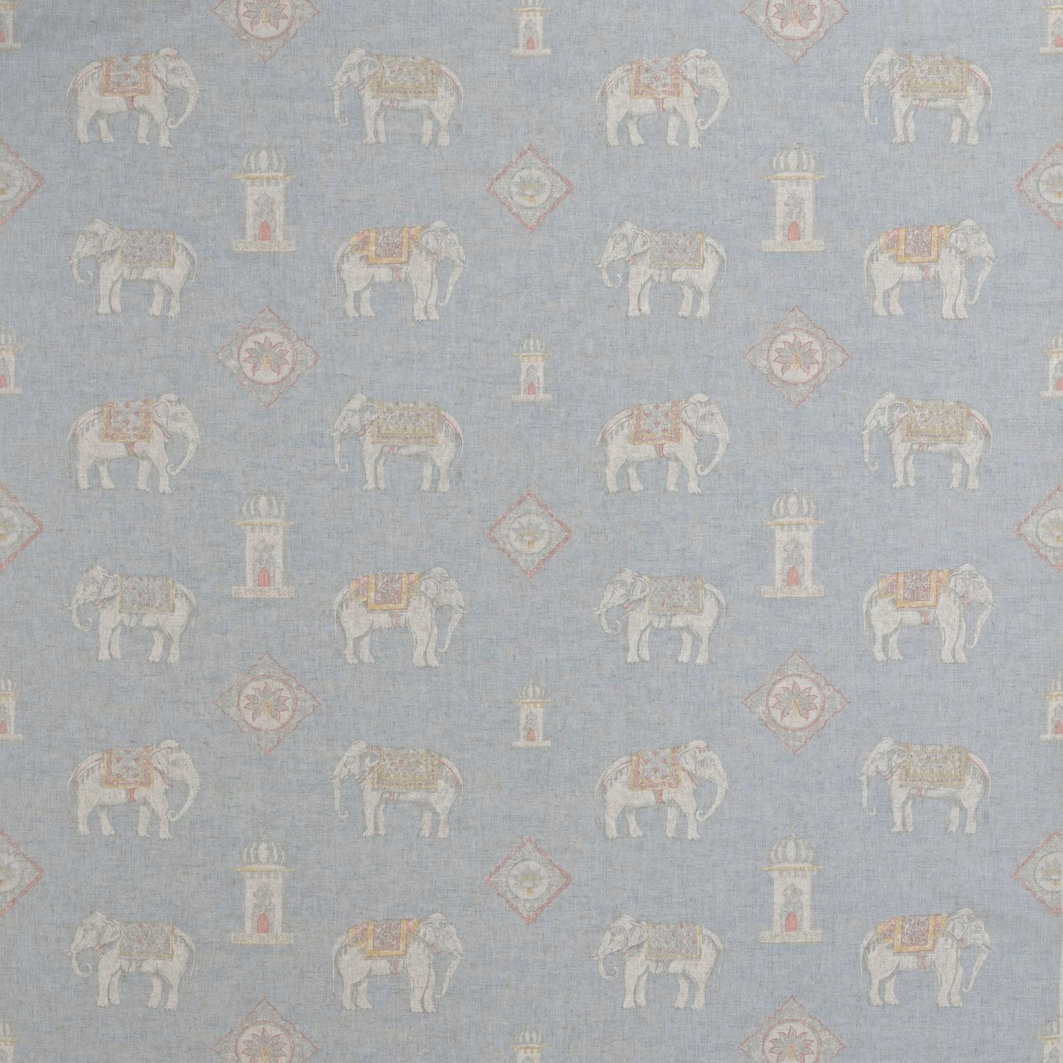 Powder-blue woven fabric with ivory elephants, pagodas and diamond motifs