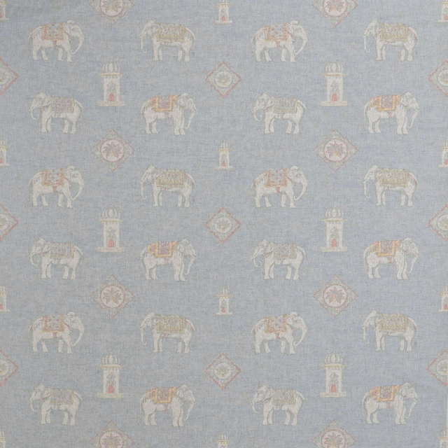 Powder-blue woven fabric with ivory elephants, pagodas and diamond motifs