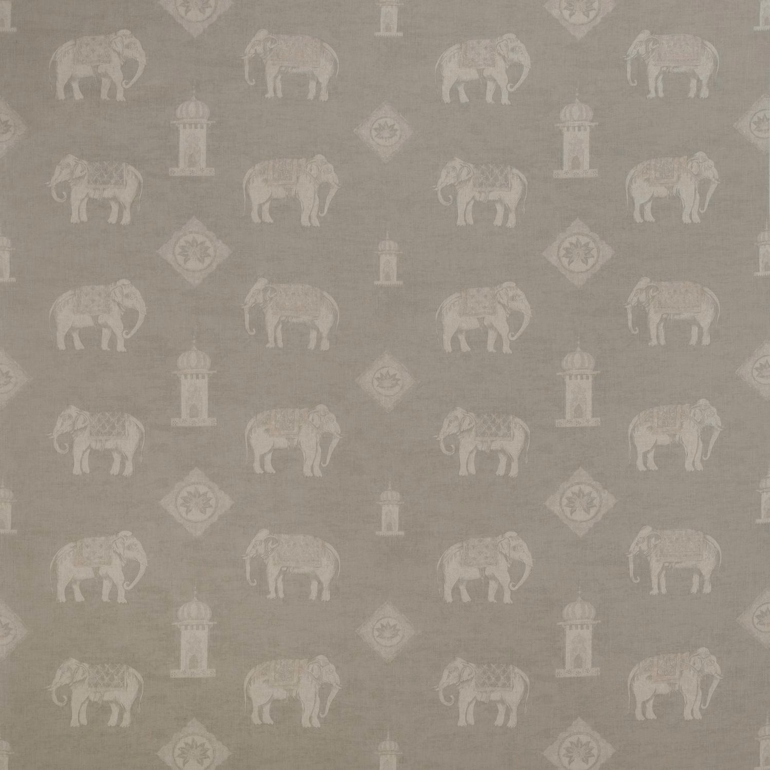 Stone taupe woven fabric with ivory elephants, towers and diamond medallions