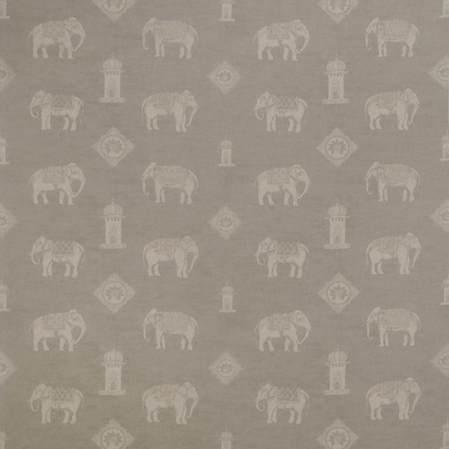 Stone taupe woven fabric with ivory elephants, towers and diamond medallions