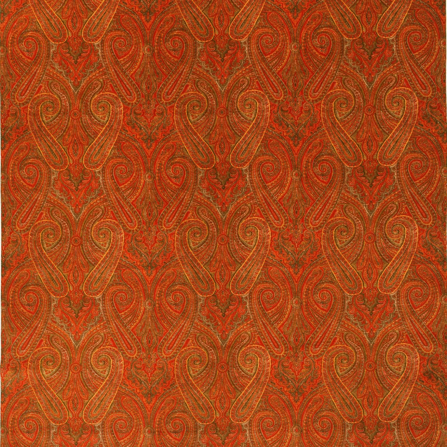 Rust-red velvet swatch with gold and olive paisley curls and fine texture