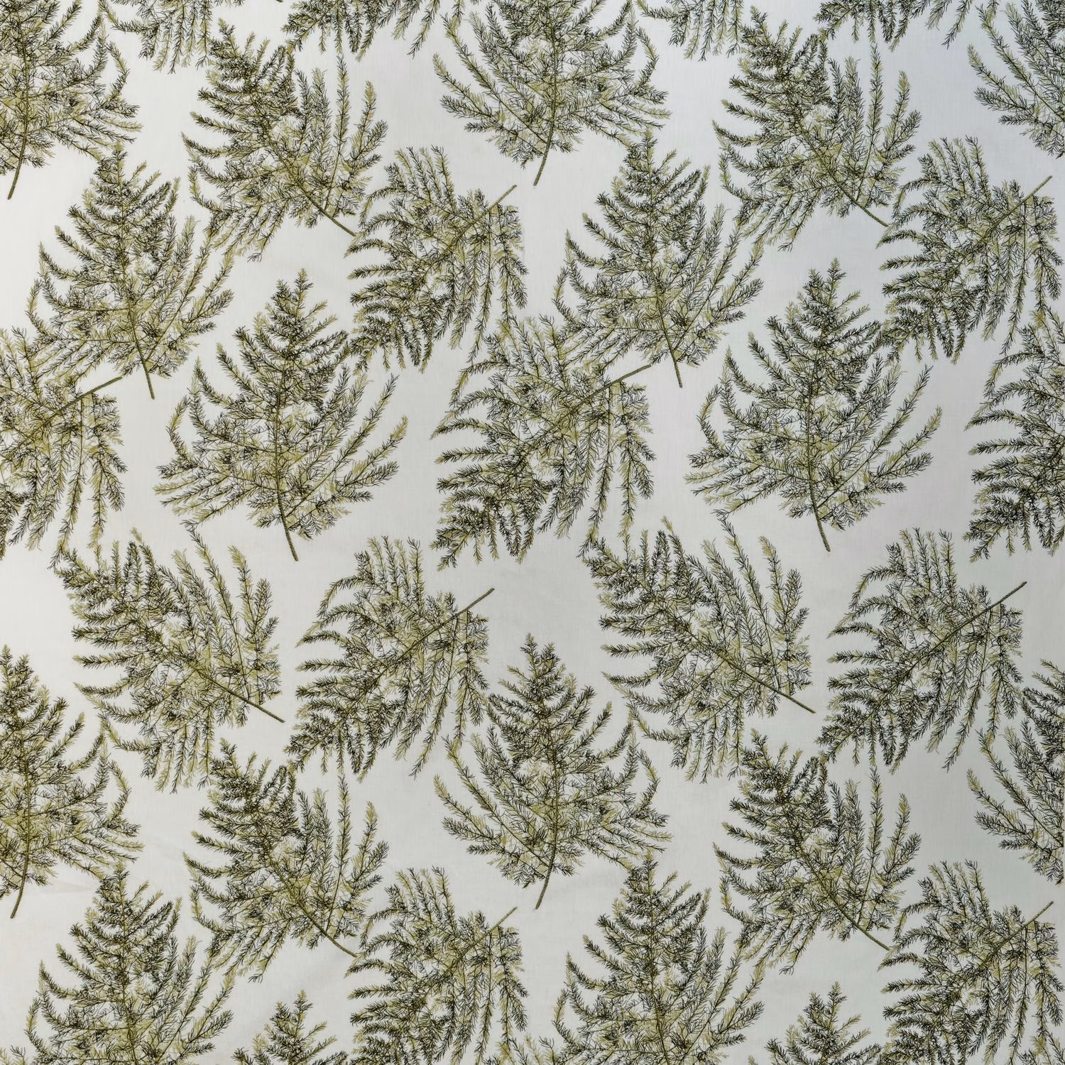 Muted sage and olive fern leaves embroidered across a pale cool-grey fabric ground
