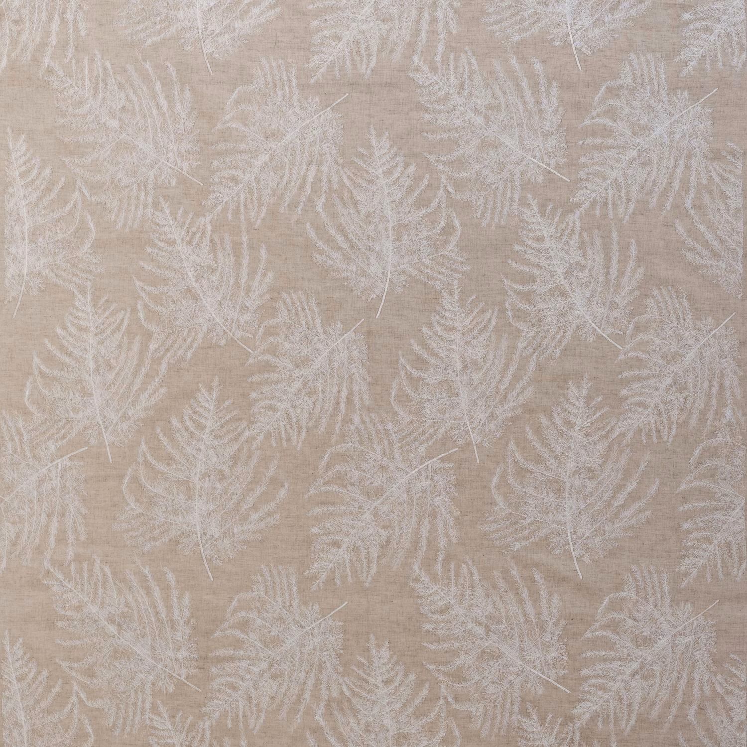 Warm beige fabric with softly textured white fern embroidery and fine trailing stems