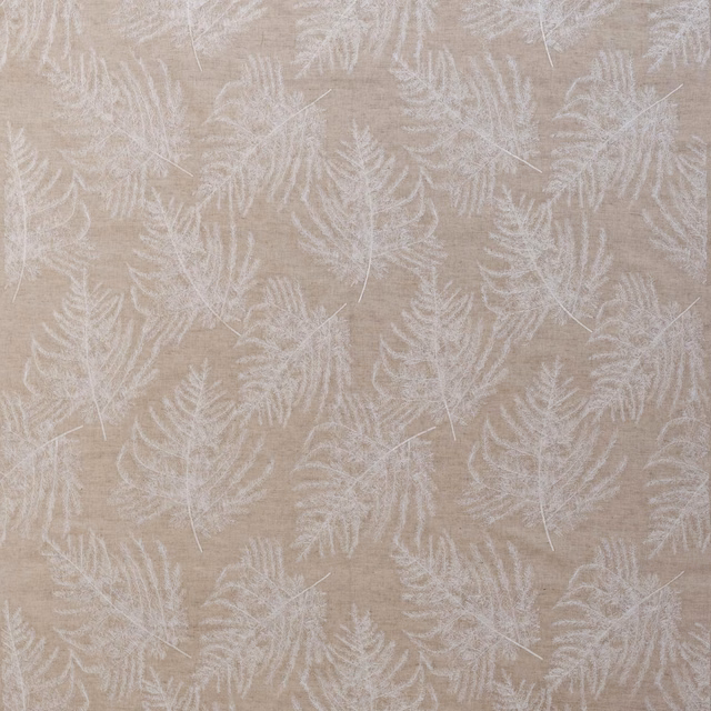 Warm beige fabric with softly textured white fern embroidery and fine trailing stems
