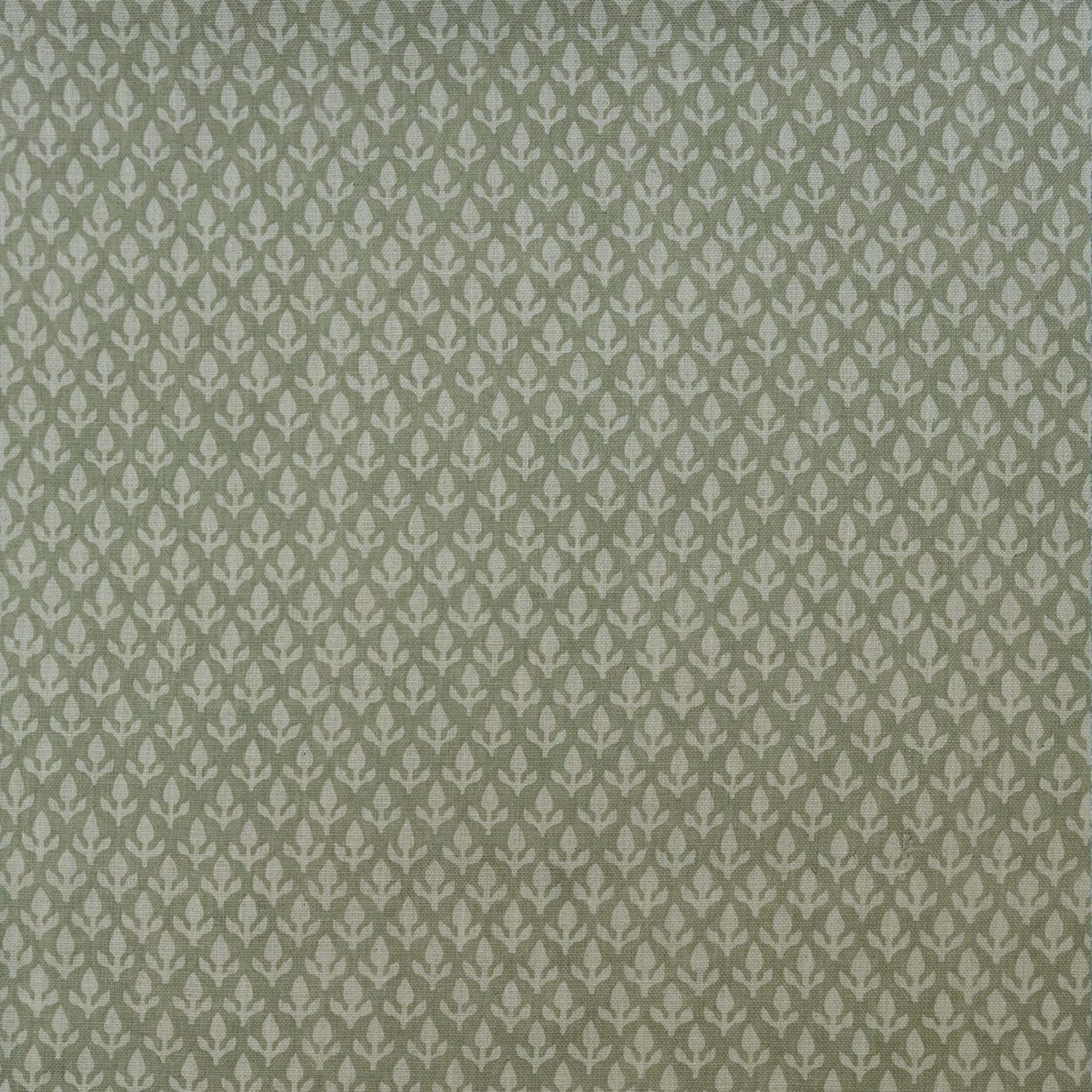 Muted sage woven fabric with pale repeating bud and leaf motifs
