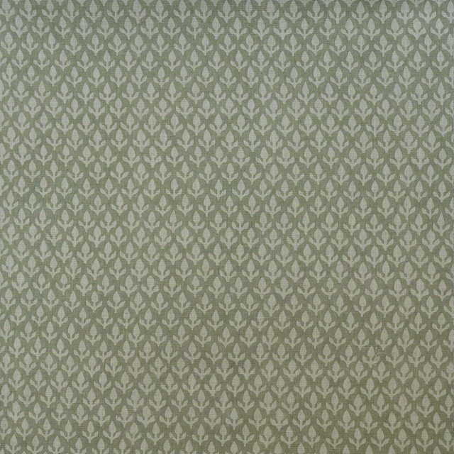Muted sage woven fabric with pale repeating bud and leaf motifs