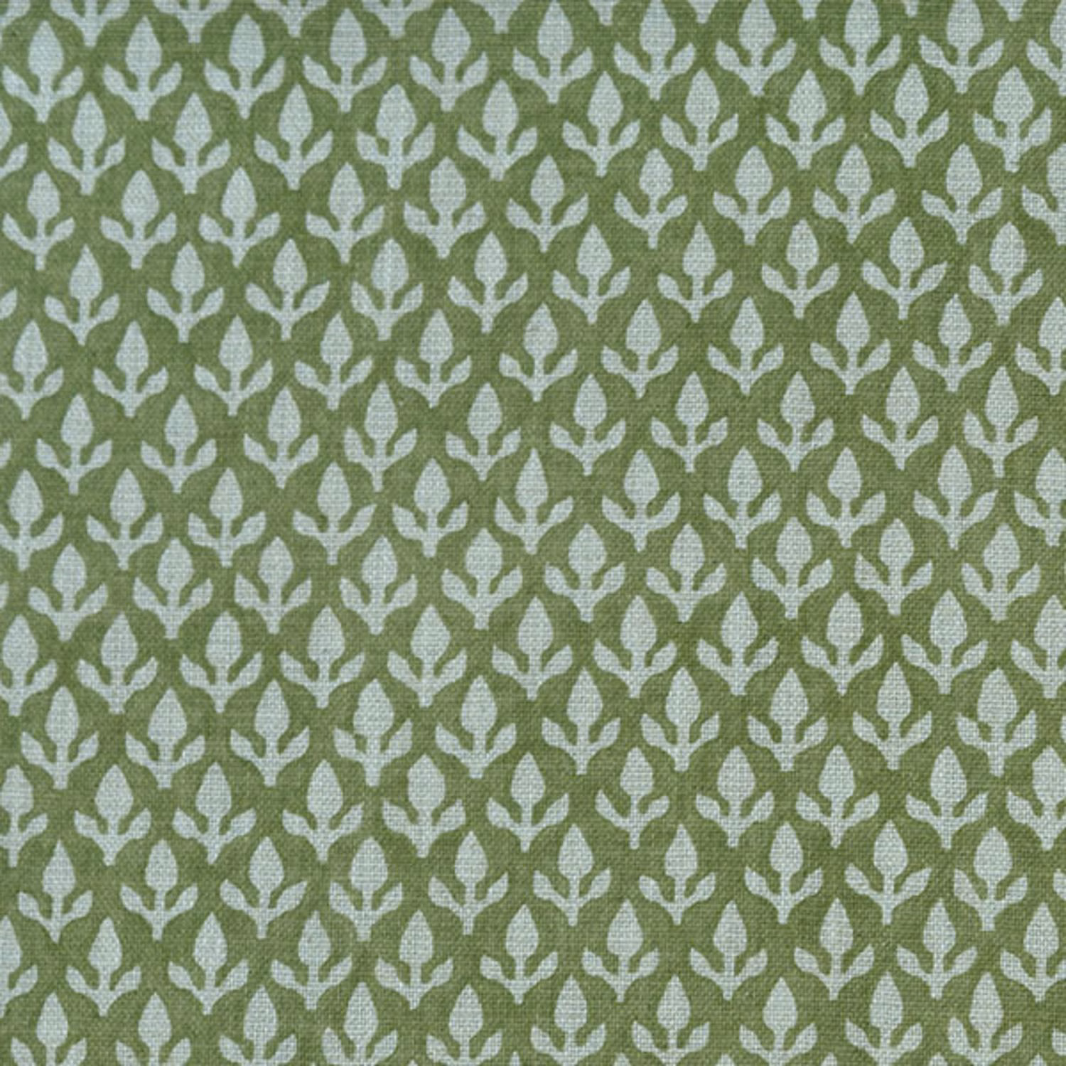 Muted sage fabric with repeating pale ivory botanical bud and leaf motifs