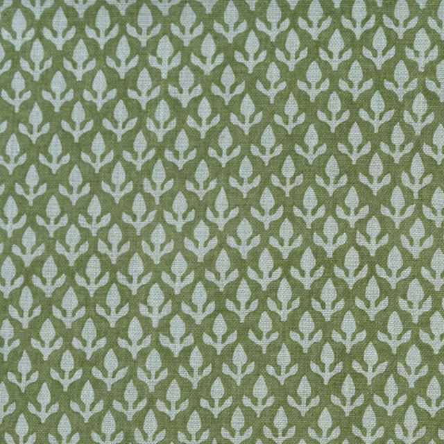 Muted sage fabric with repeating pale ivory botanical bud and leaf motifs
