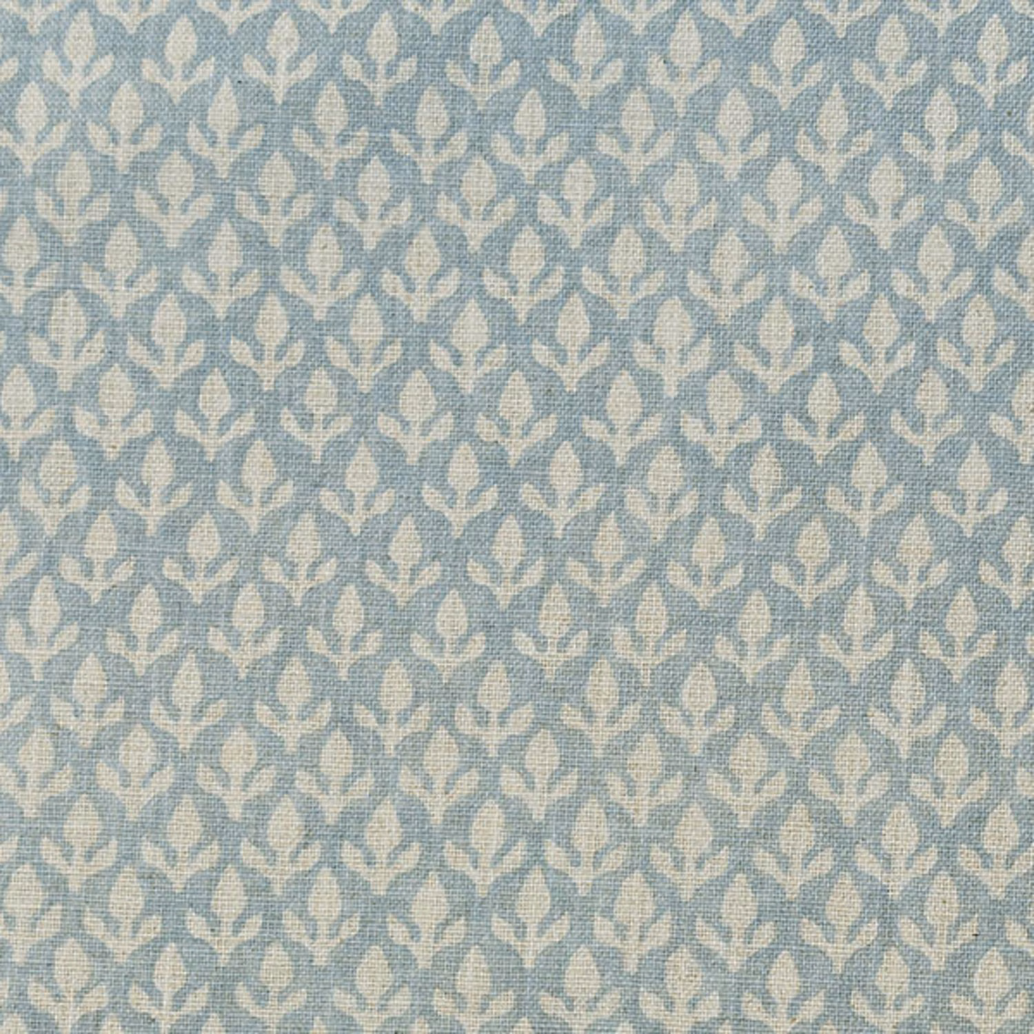 Soft sky-blue woven fabric with repeating small ivory leaf motifs