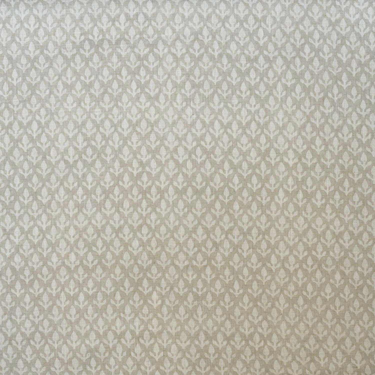 Pale stone taupe fabric with a small repeating leafy ogee motif and textured weave