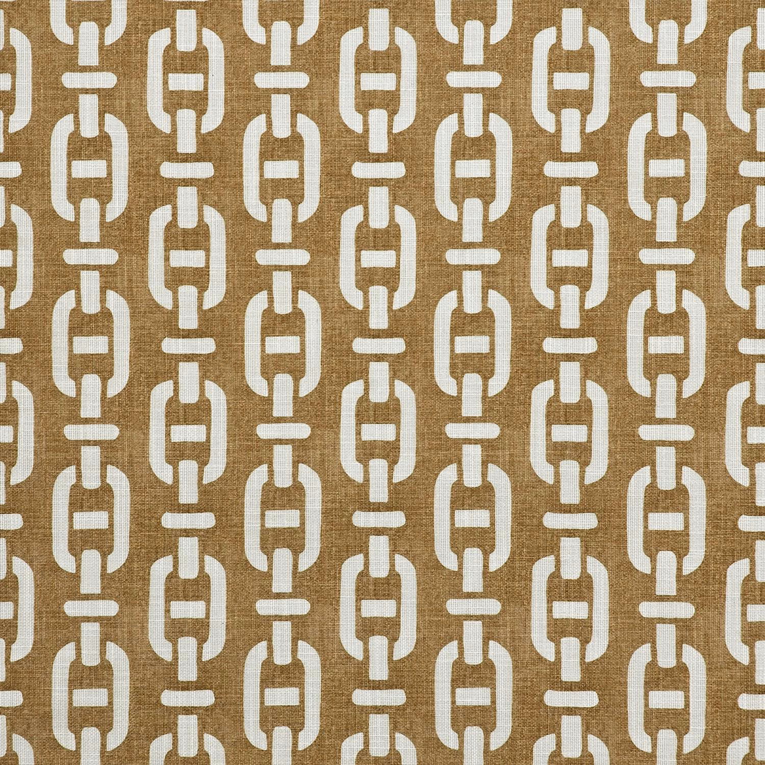 Warm ochre woven fabric with repeating cream rounded geometric motifs