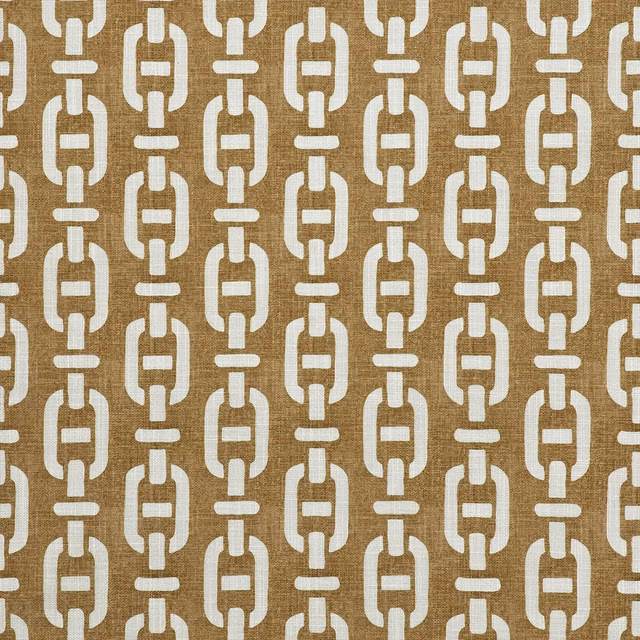 Warm ochre woven fabric with repeating cream rounded geometric motifs