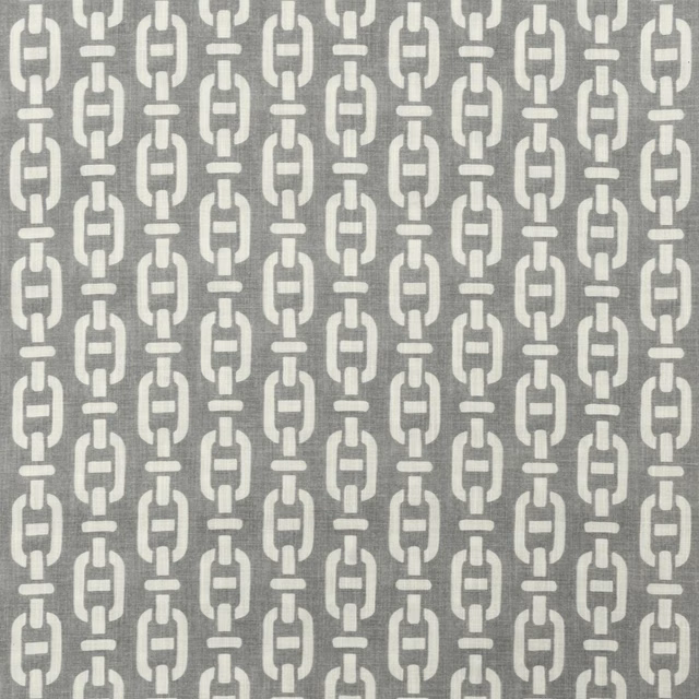 Storm grey woven fabric with repeating cream geometric chain motifs