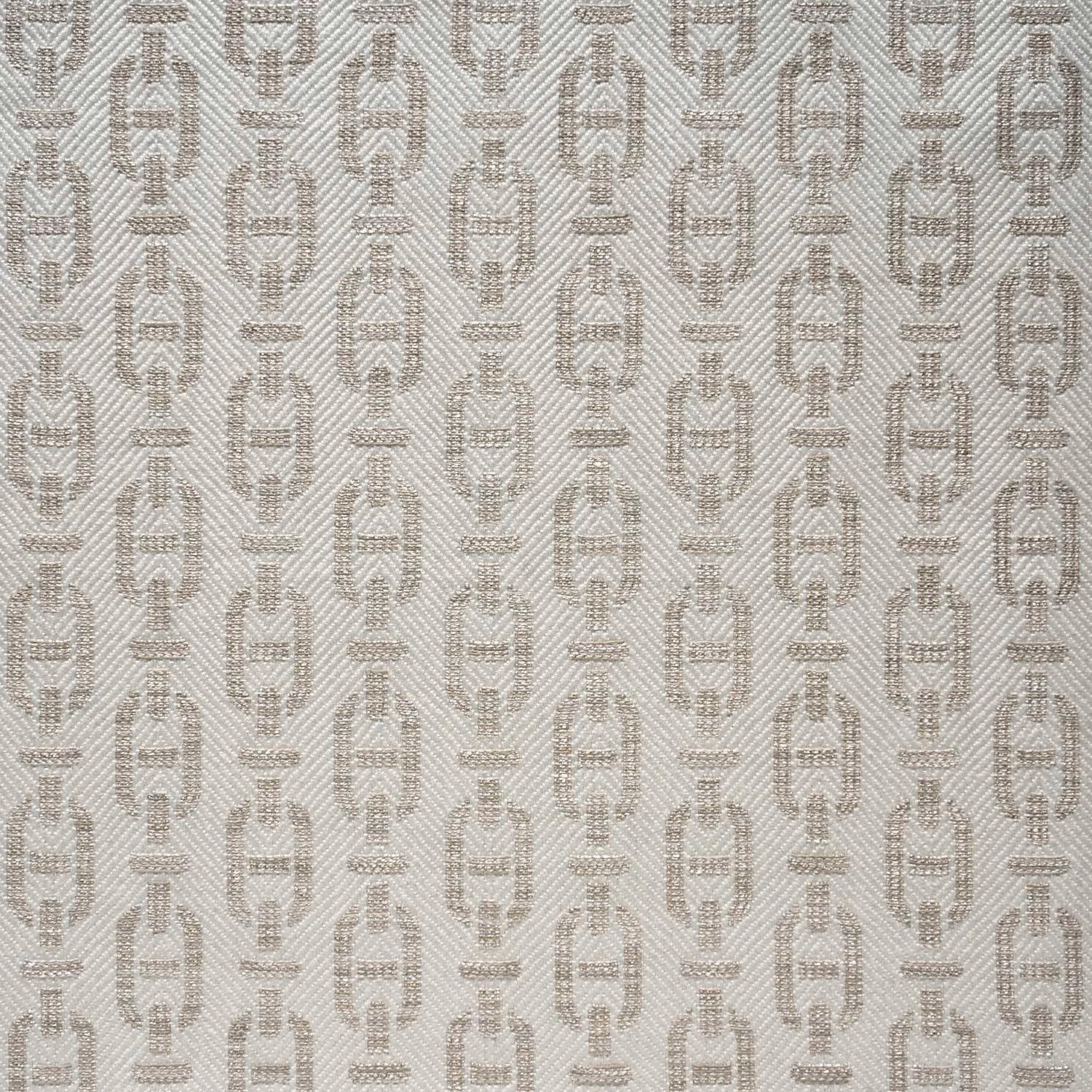 Pale string fabric with taupe elongated geometric motifs and a fine woven texture