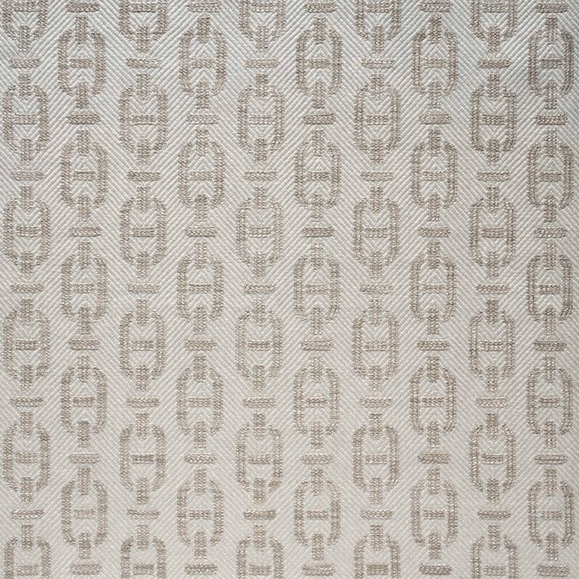 Pale string fabric with taupe elongated geometric motifs and a fine woven texture
