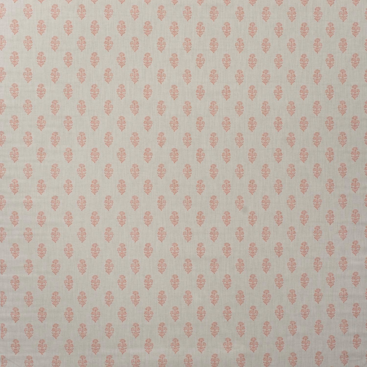 Pale warm cream cotton with evenly spaced muted coral botanical motifs and subtle woven texture