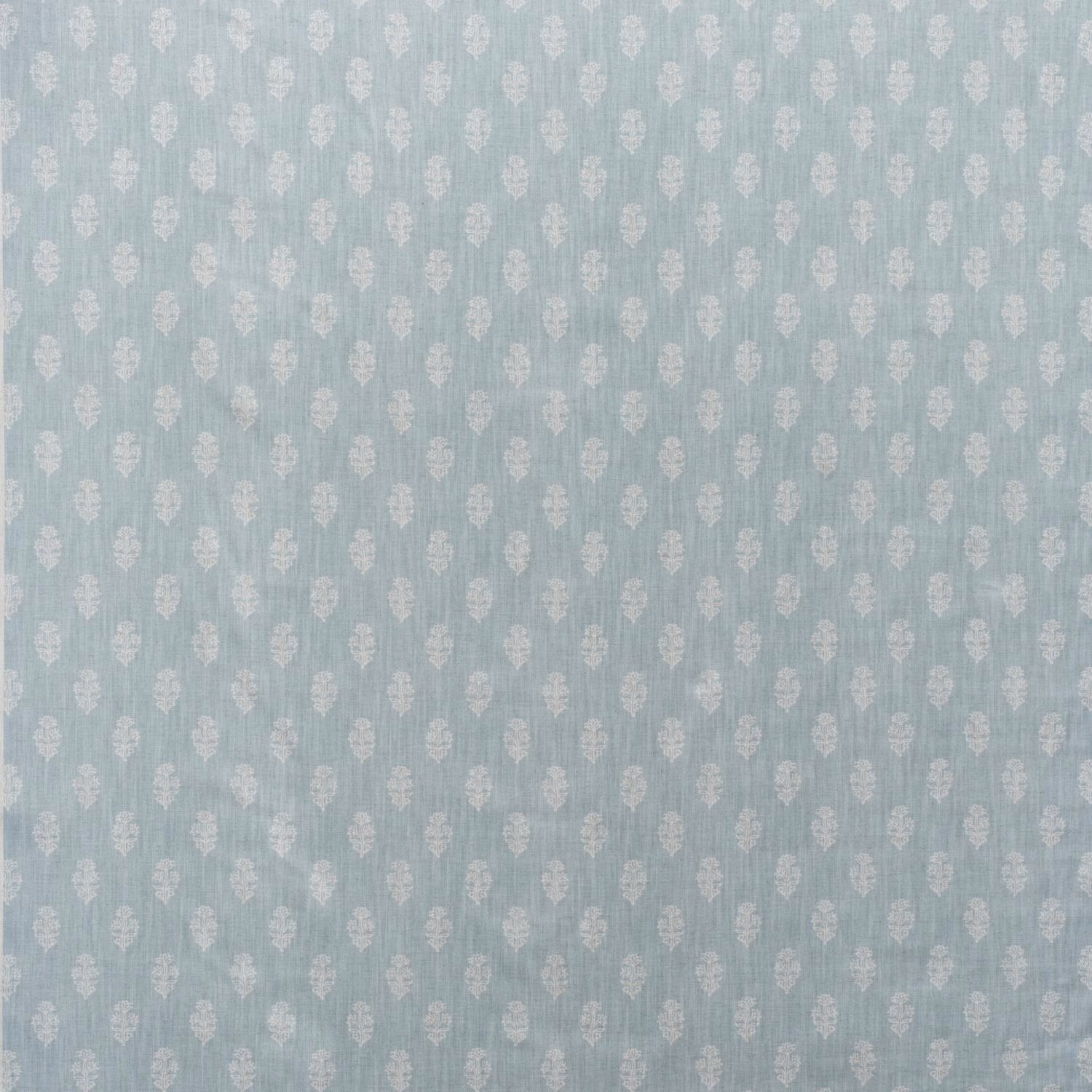 Pale duck-egg cotton with tiny ivory botanical motifs in a soft vertical repeat