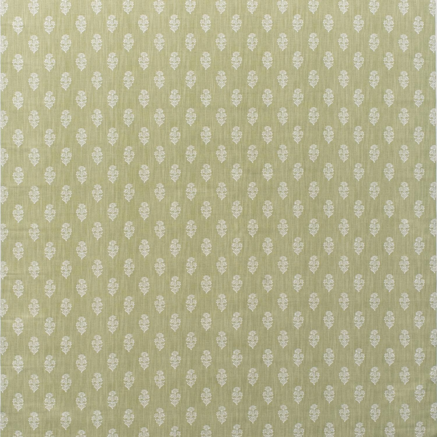 Soft fennel-green cotton with repeating small white botanical sprigs in staggered rows