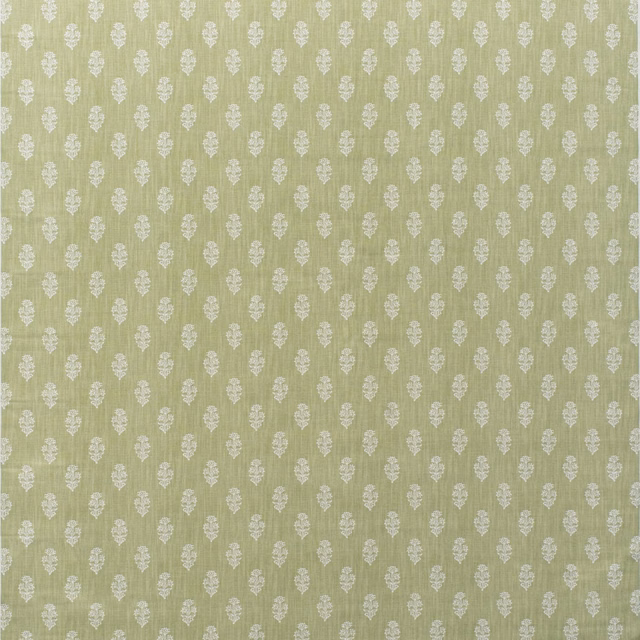 Soft fennel-green cotton with repeating small white botanical sprigs in staggered rows