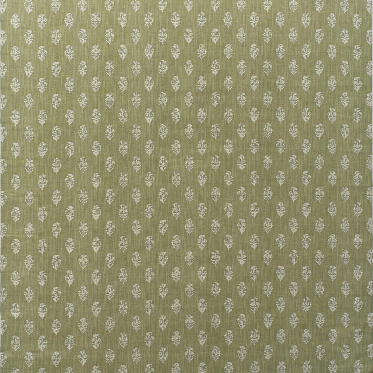 Muted olive-green cotton with rows of small ivory leaf motifs and vertical texture
