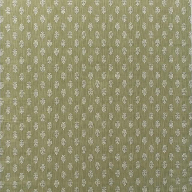 Muted olive-green cotton with rows of small ivory leaf motifs and vertical texture