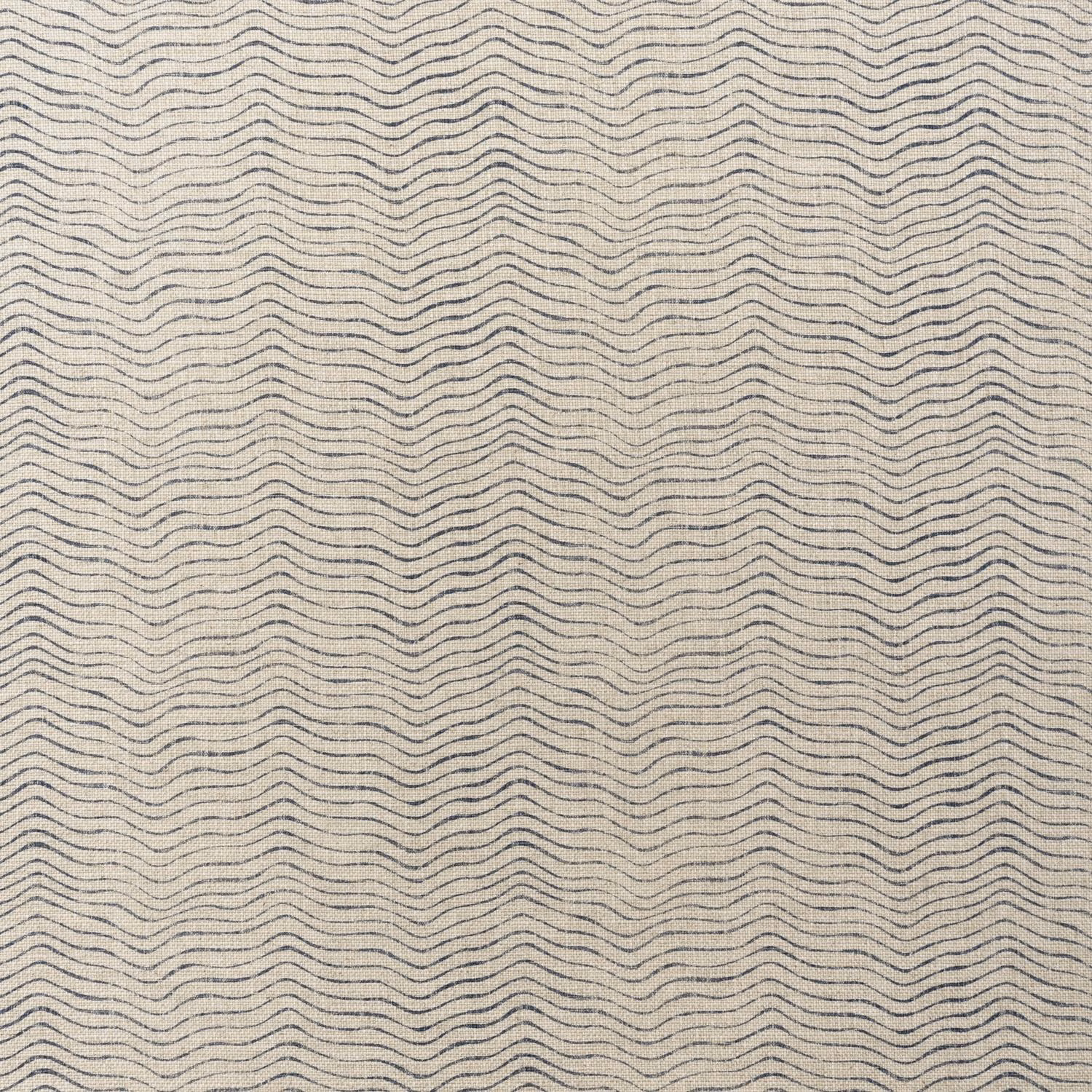 Warm ivory woven fabric with fine rippling denim blue-grey horizontal lines