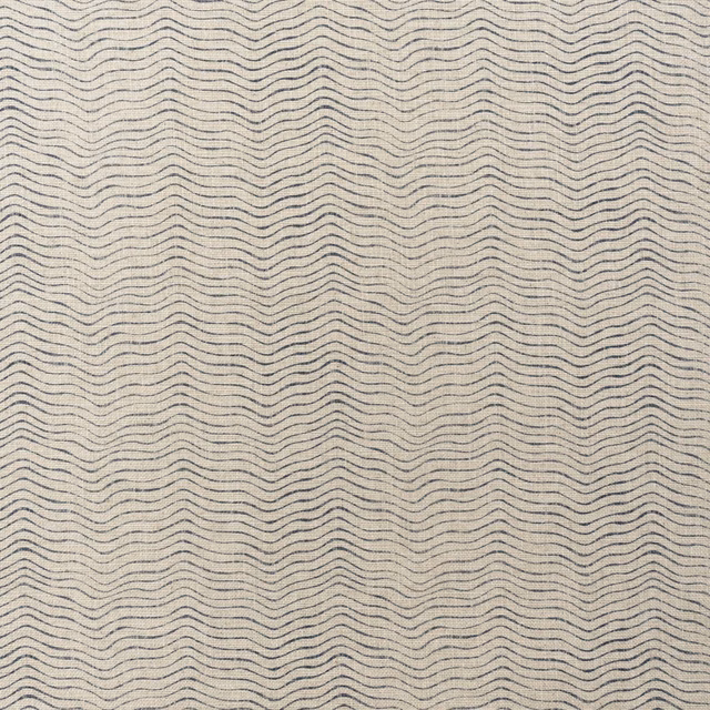 Warm ivory woven fabric with fine rippling denim blue-grey horizontal lines