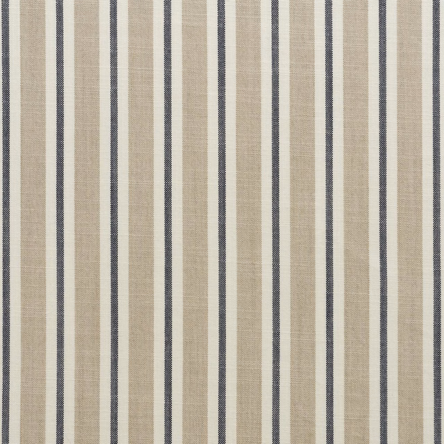 Sand-beige and cream vertical stripes with slim navy lines and fine woven texture
