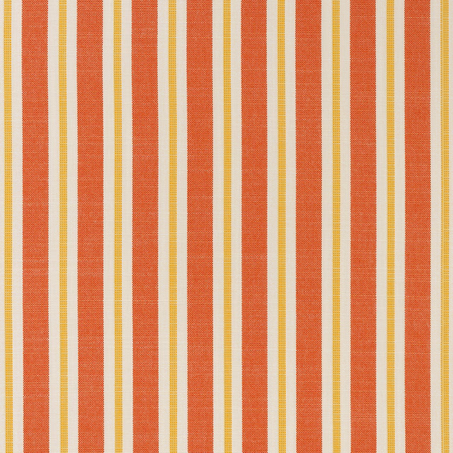 Coral terracotta, cream and golden-yellow vertical striped outdoor fabric with fine woven texture