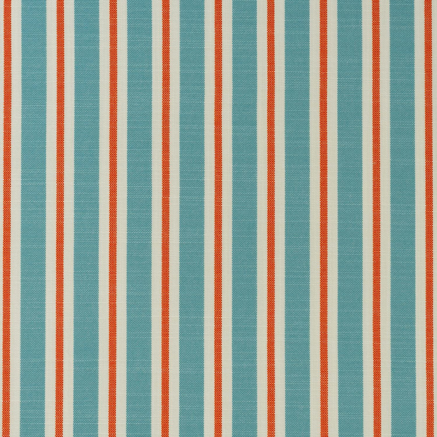 Turquoise outdoor fabric with cream and rust-red vertical woven stripes