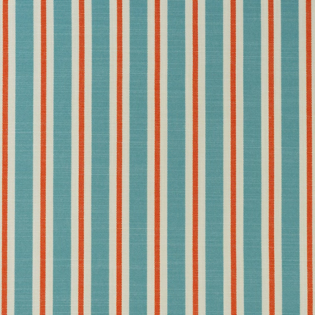 Turquoise outdoor fabric with cream and rust-red vertical woven stripes