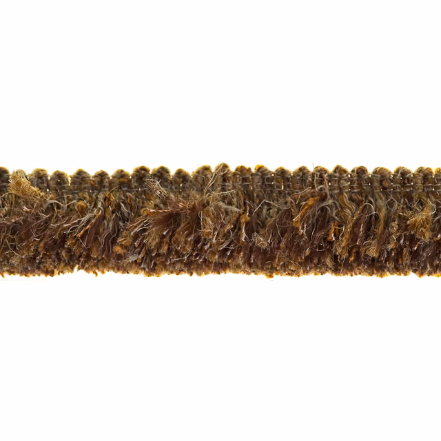 Dense brown, olive and amber shag trim with a softly irregular, tactile surface