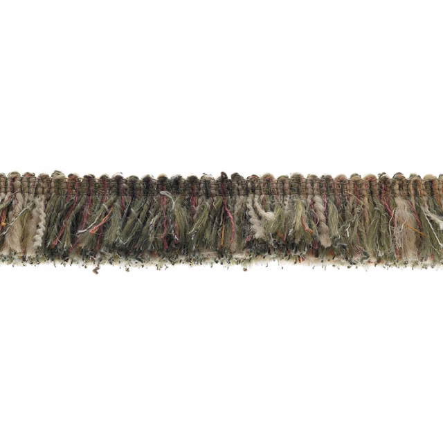 Olive moss fringe with taupe, cream and burgundy fibres in an uneven textured band