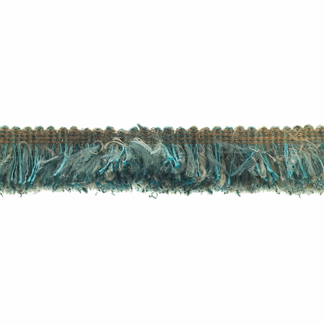 Deep teal Cuban fringe with turquoise strands and a taupe woven heading