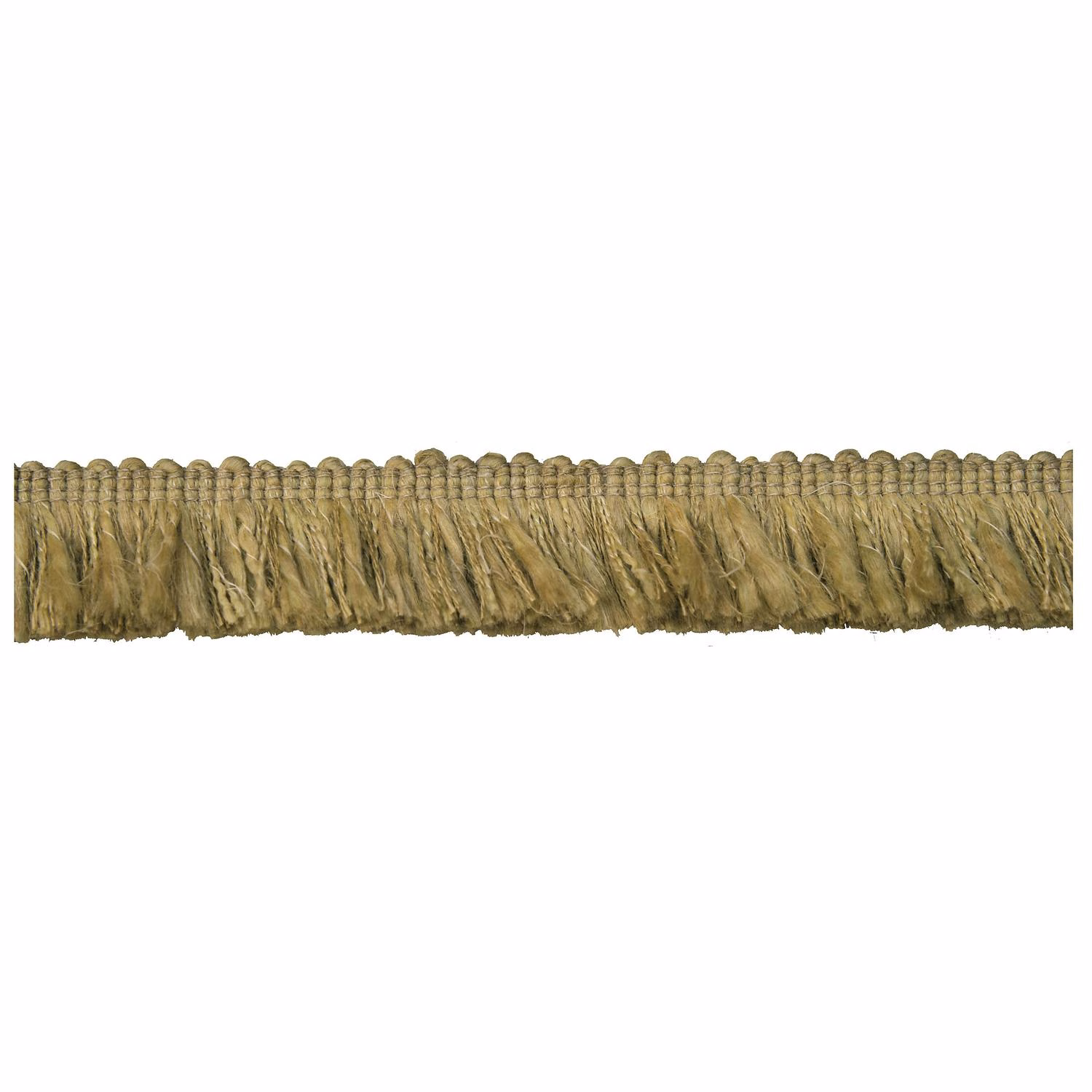 Muted olive-khaki looped fringe trim with long uneven brushed fibres