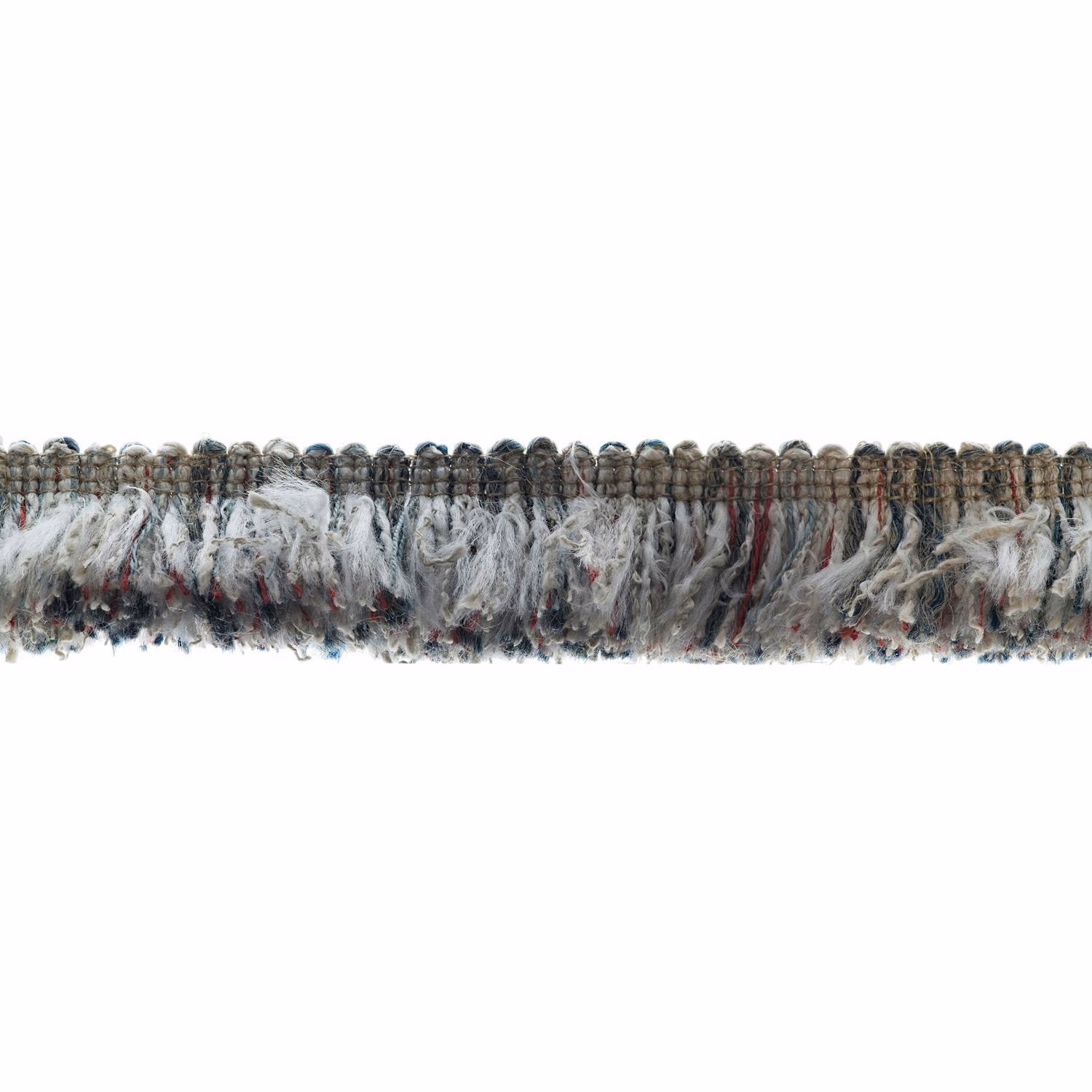 Charcoal and ivory fringe with muted red and blue-grey hanging yarns