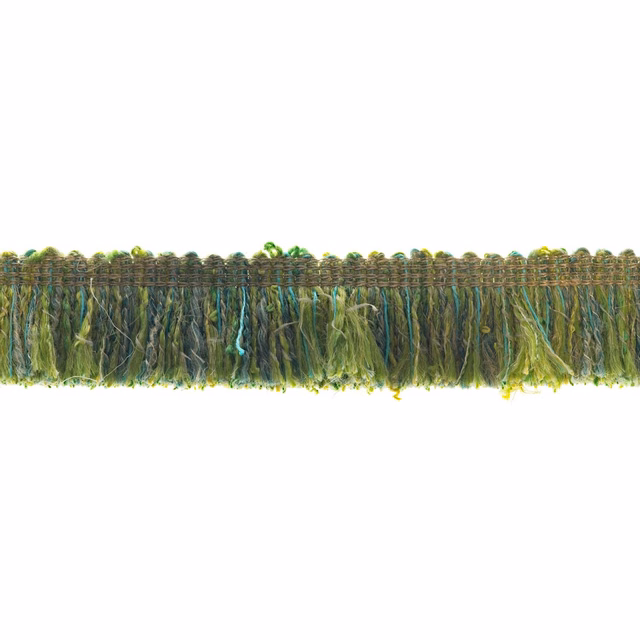 Olive, teal and yellow-green looped fringe with long uneven textured strands