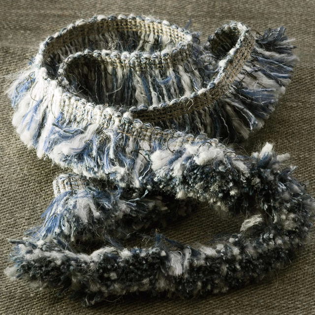 Smoky blue-grey, ivory and charcoal fringe trim with tousled looped texture