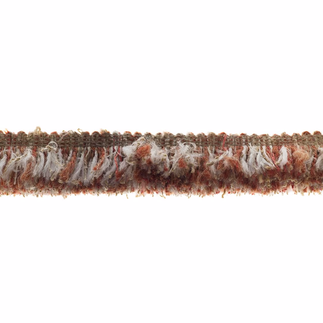 Mottled burgundy, rust, brown and cream shaggy fringe trim