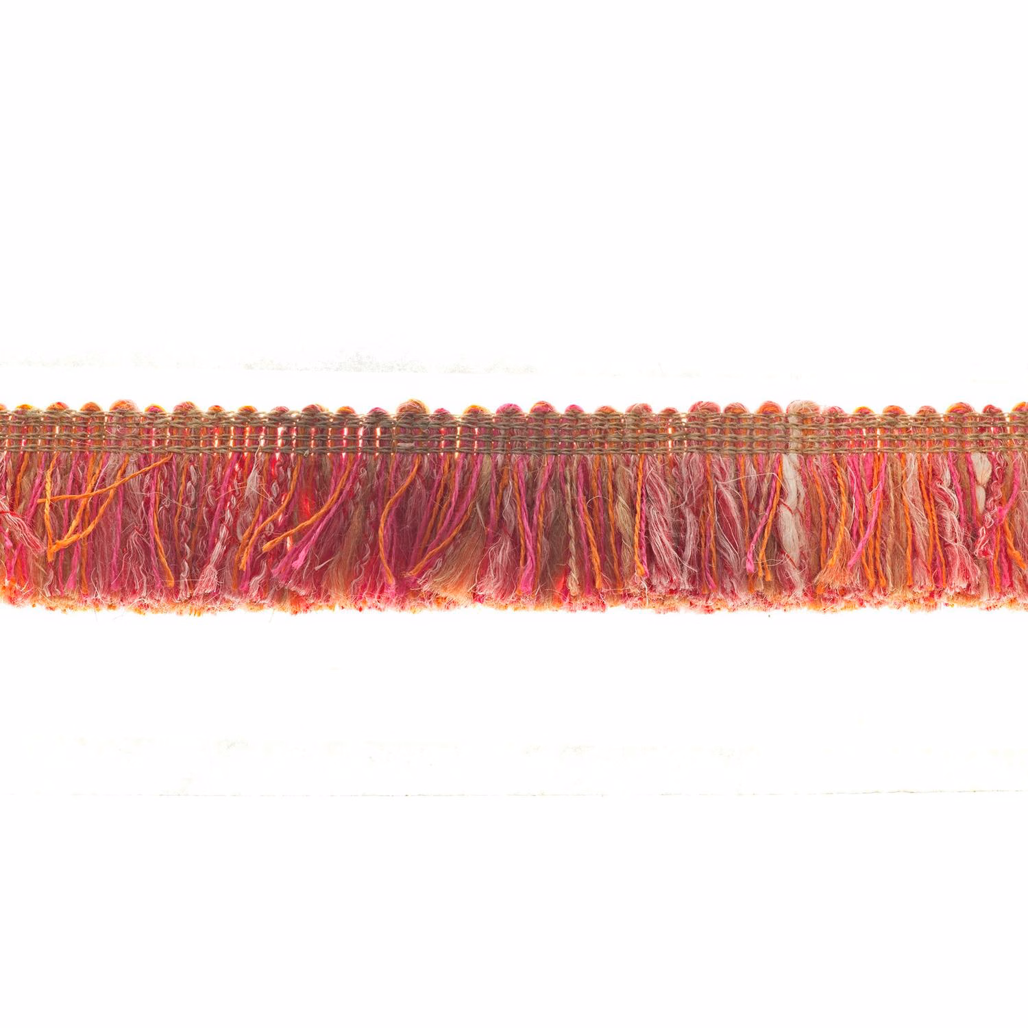 Raspberry, coral and plum woven fringe with dense loose threads and orange accents