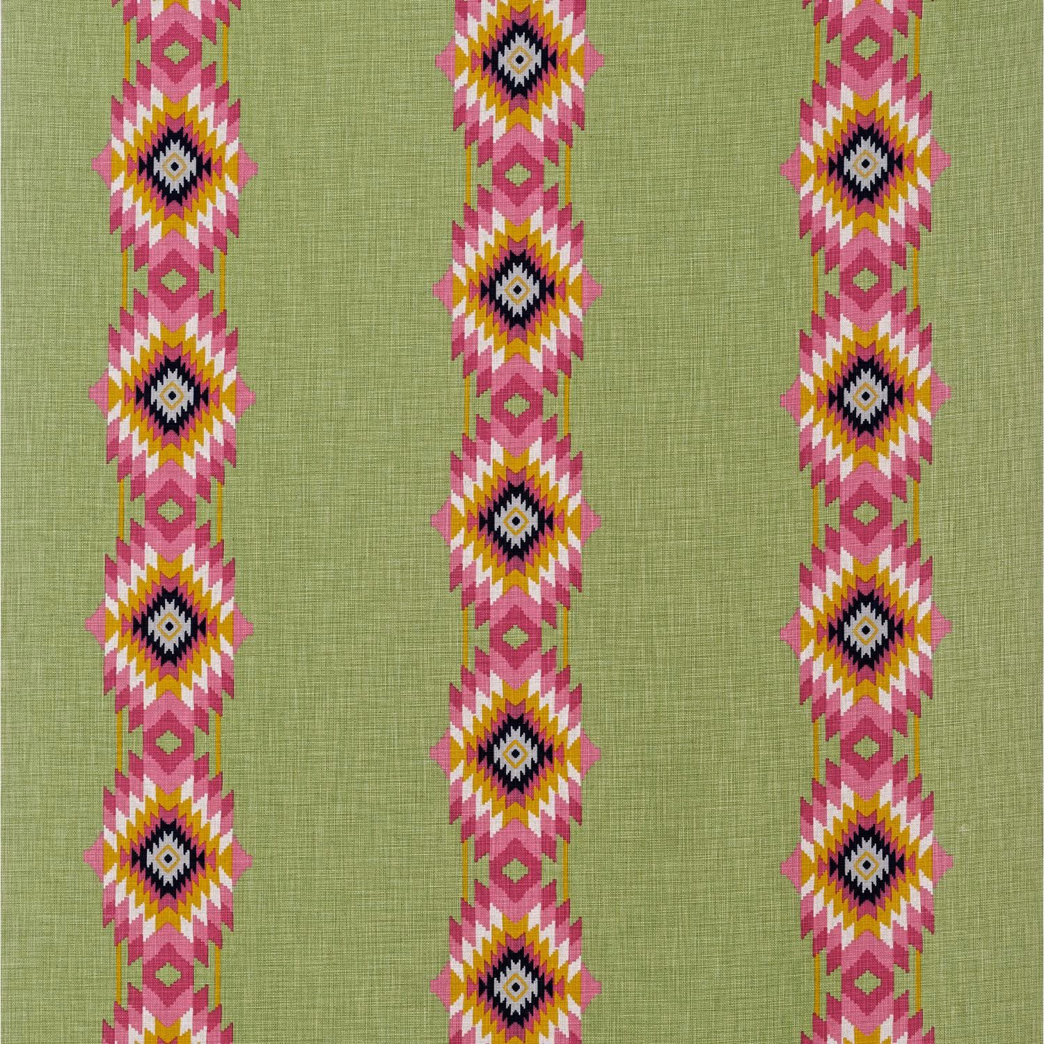 Muted cactus-green woven ground with pink, yellow and black geometric diamond bands