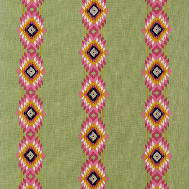 Muted cactus-green woven ground with pink, yellow and black geometric diamond bands
