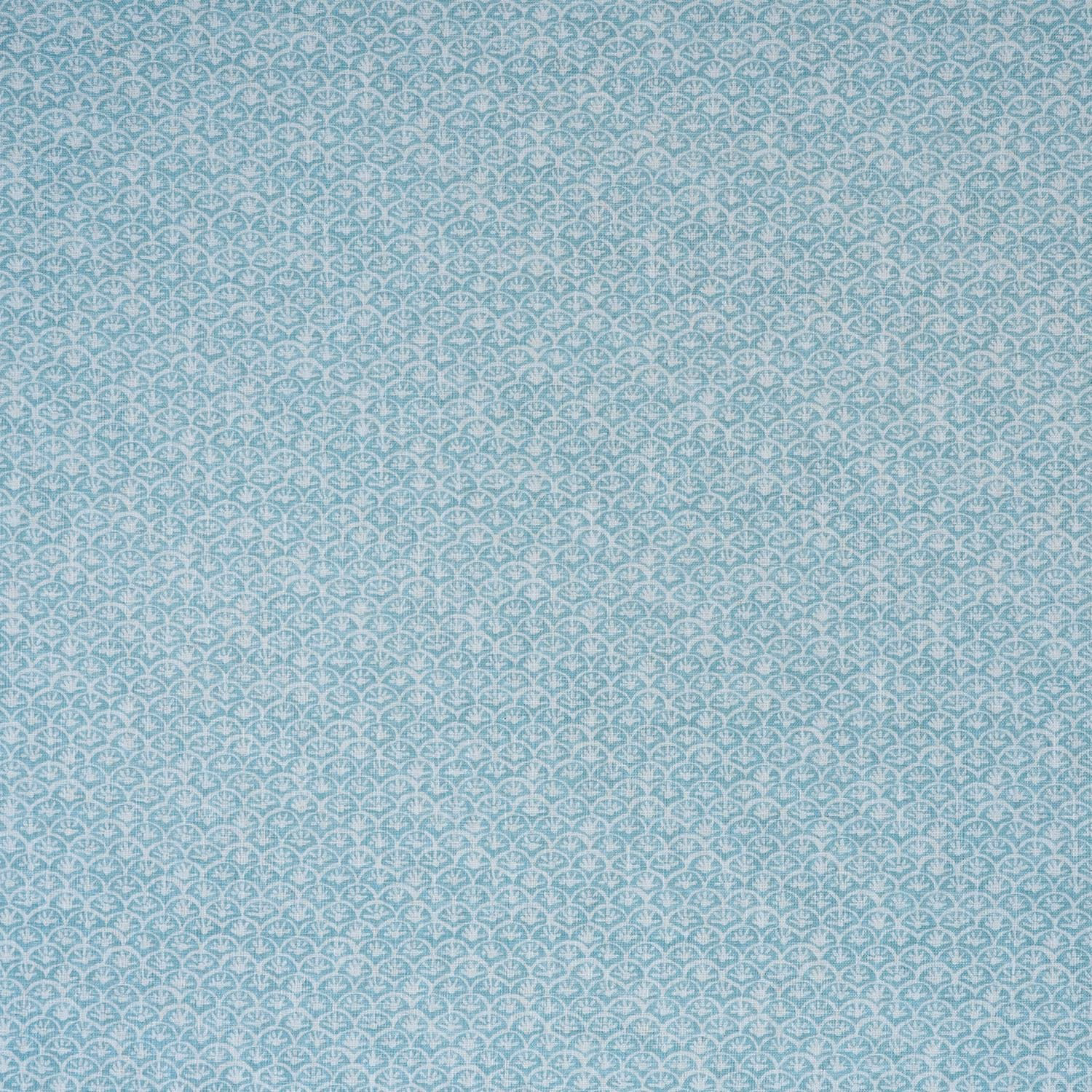 Muted aqua-teal fabric with tiny cream scalloped motifs and fine woven texture