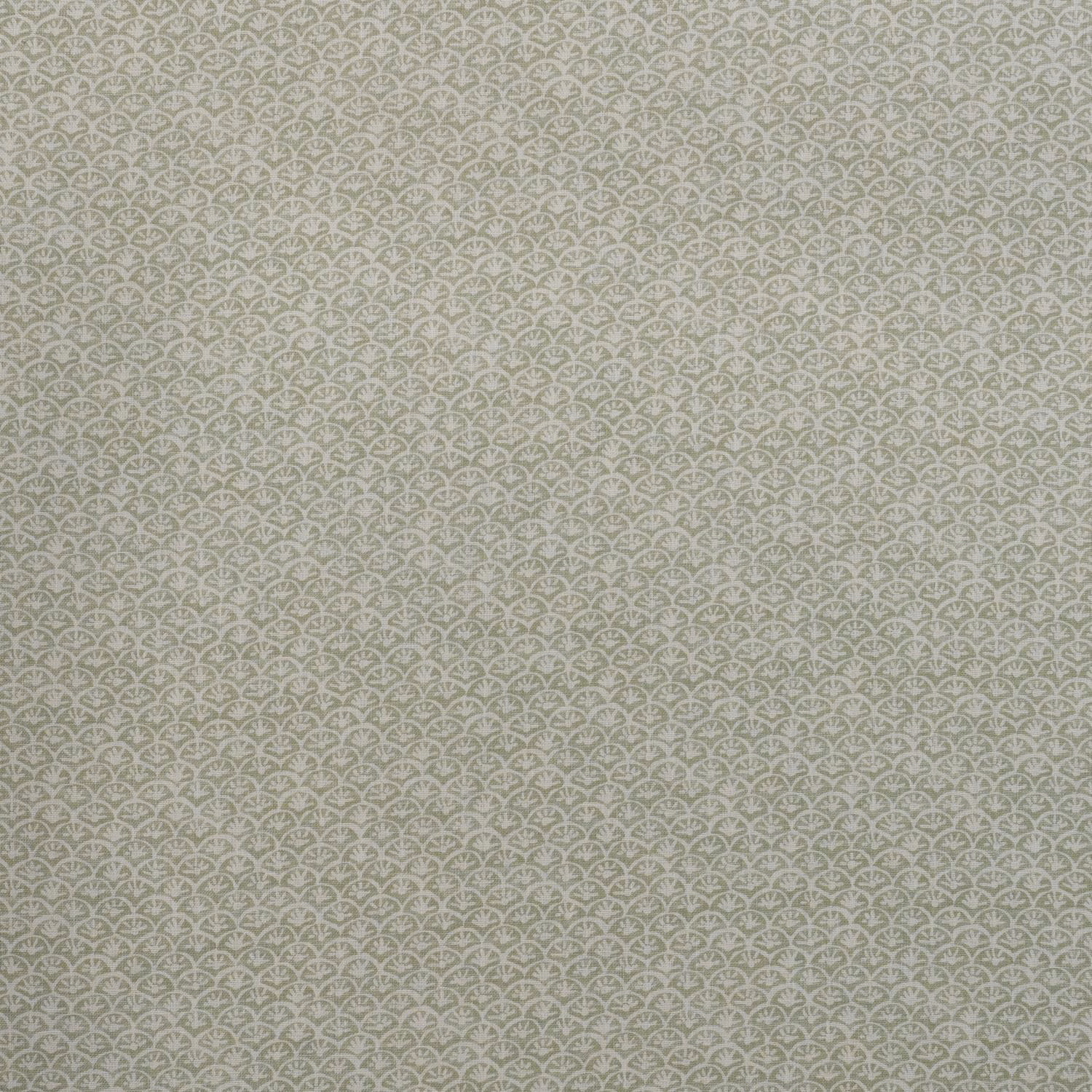 Muted fennel-green grey fabric with tiny repeating scallop-and-leaf motifs