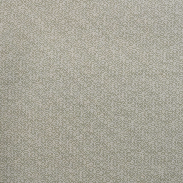 Muted fennel-green grey fabric with tiny repeating scallop-and-leaf motifs