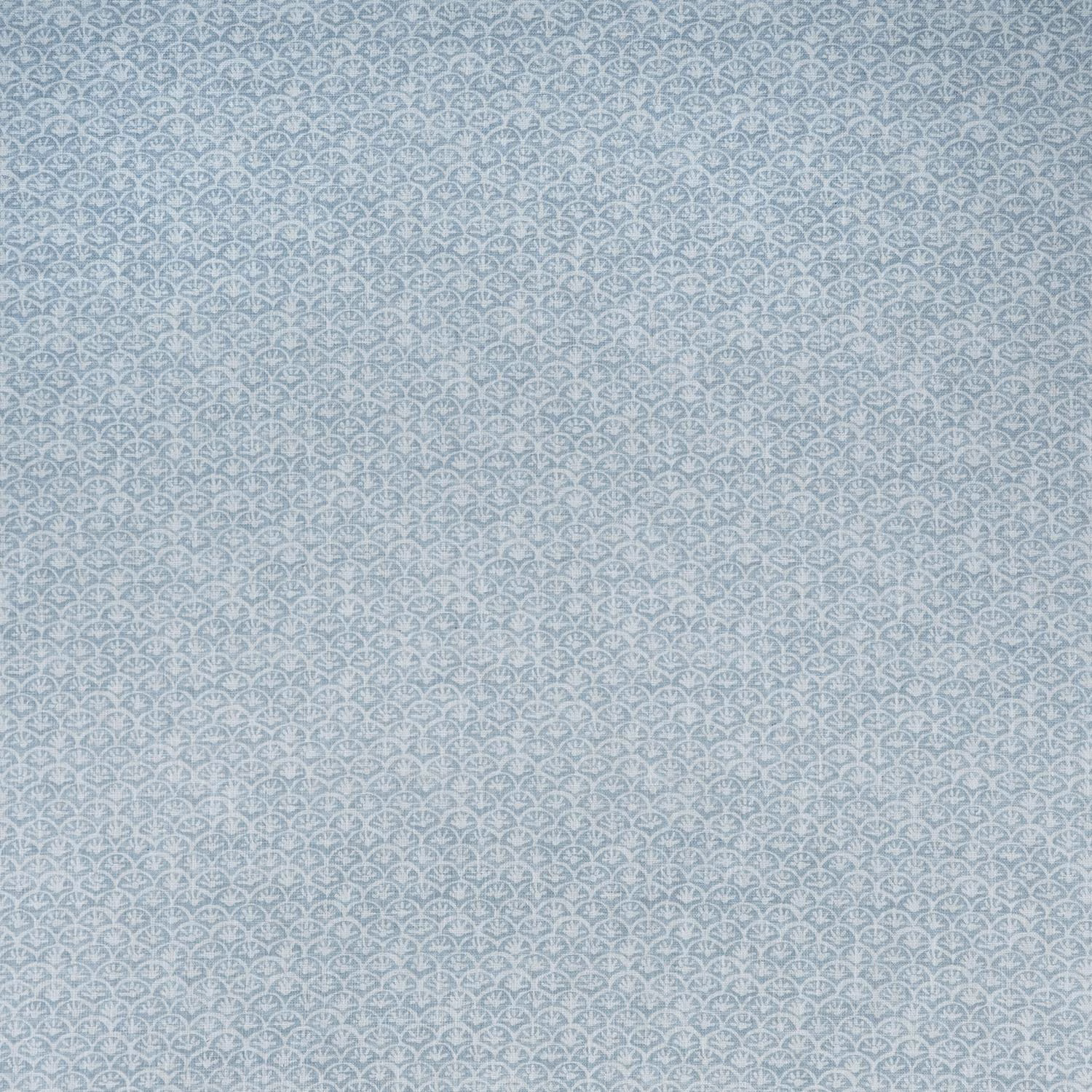 Pale blue-grey textile with dense light arch motifs in a fine repeating pattern