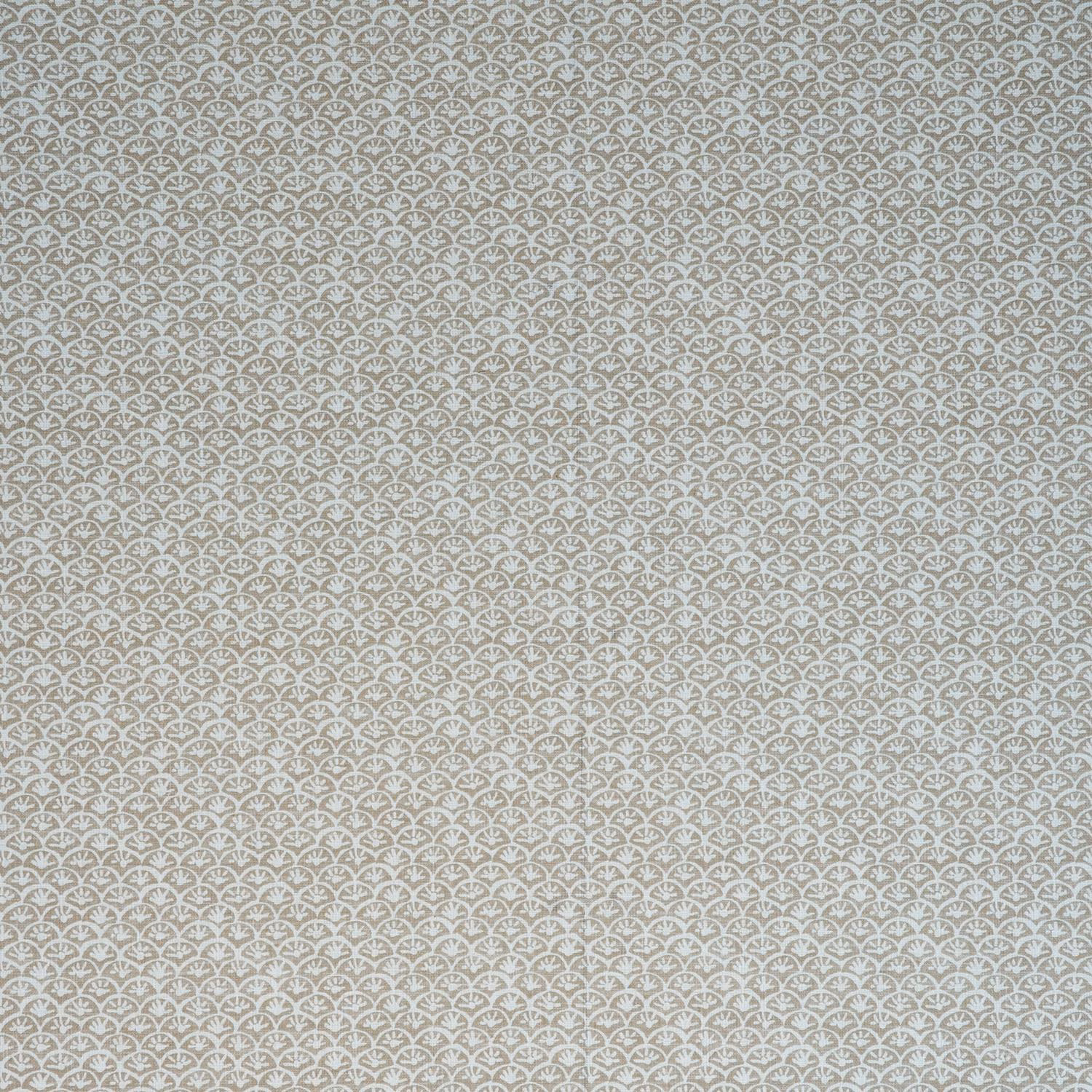 Cool stone taupe fabric with tiny pale arched daisy motifs in a dense repeating pattern