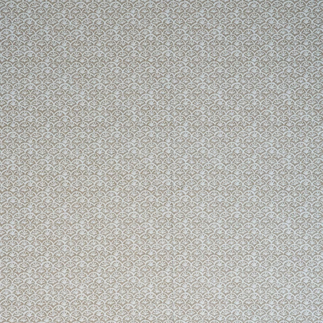 Cool stone taupe fabric with tiny pale arched daisy motifs in a dense repeating pattern