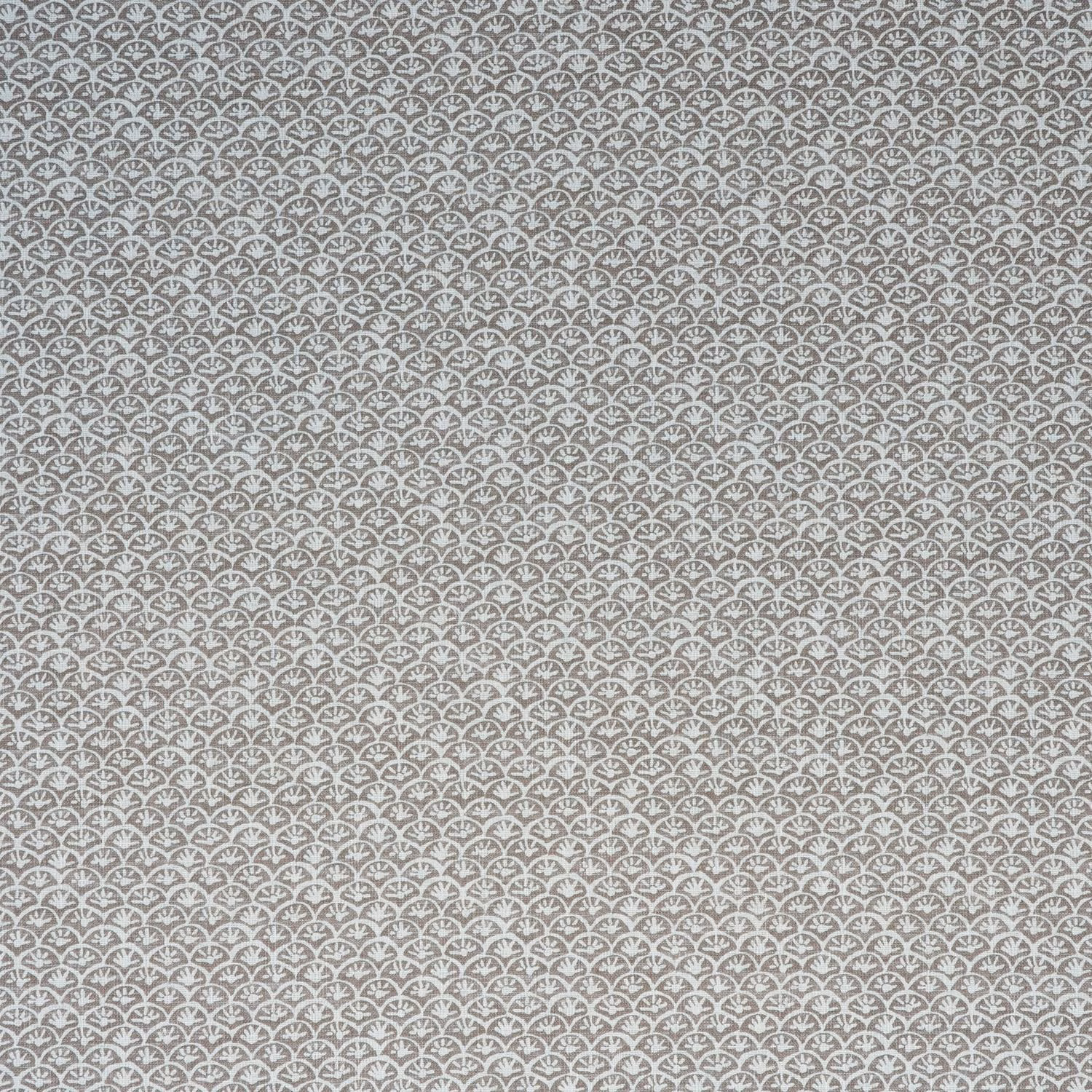 Soft grey textile with dense ivory daisy-twig arches in a tiny repeat